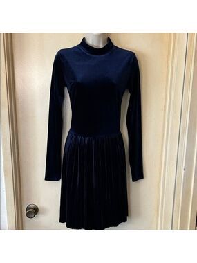Primark Dark Blue Velvet Long Sleeve Dress with Pleated Skirt size 4